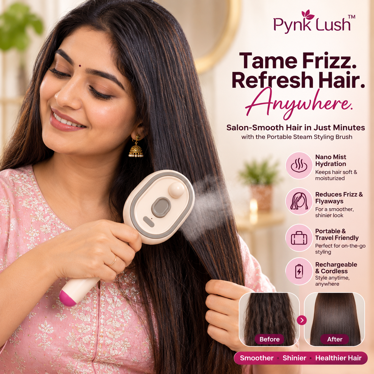 Pynk Lush™ Nano Steam Massage Hair Brush