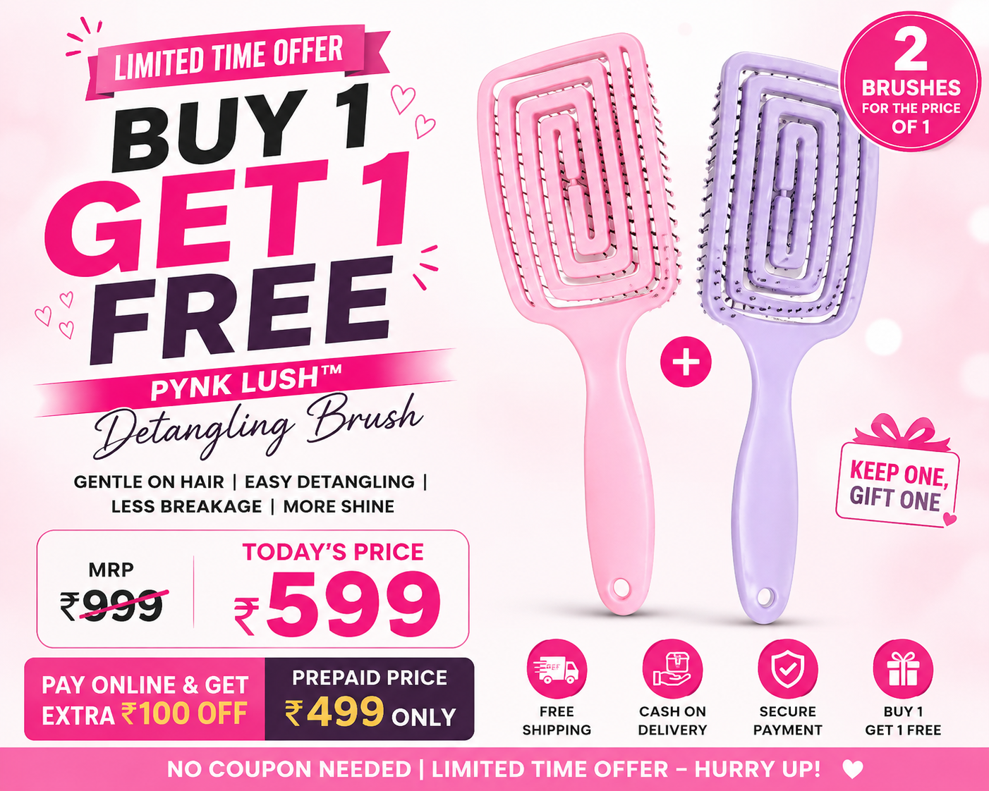 Pynk Lush™ Premium D Tangling Brush Buy 1 & Get 1